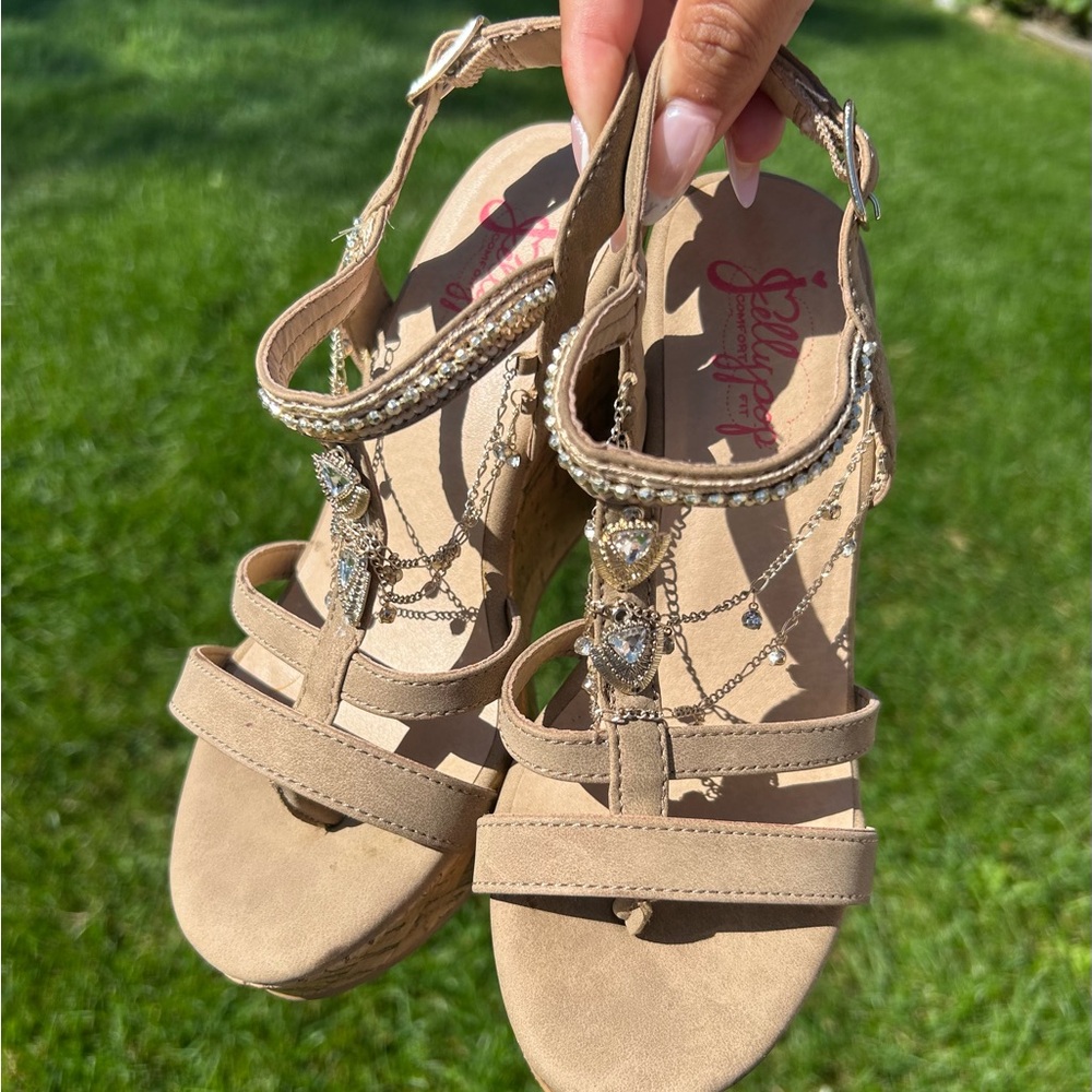Jellypop Tan Wedges with Rhinestone Details